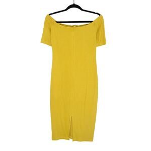 Eve Gravel Mustard Ribbed Off The Shoulder Midi Dress Bodycon Stretch Knit SZ XS